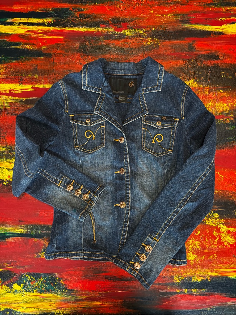 Rocawear Women’s Y2K Vintage Dark Blue Denim Embroidered Jean Jacket